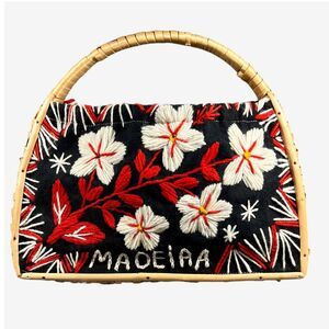 Vintage Retro Madeira Embroidered Rattan Bag in Red & White – Floral Accents,